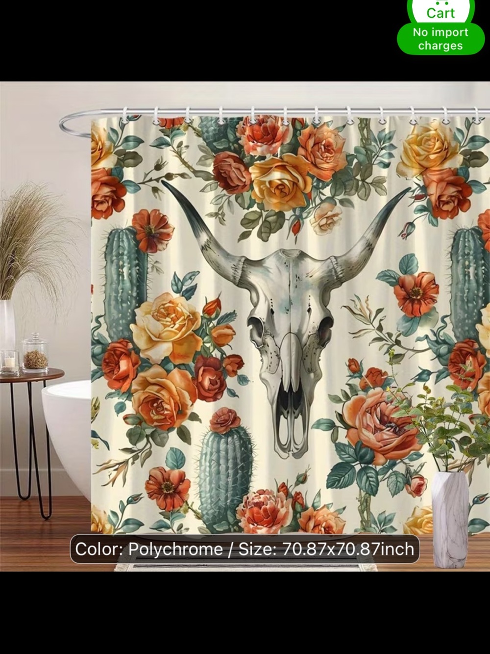 Desert Floral Cow Skull Shower Curtain in Cream and Orange.